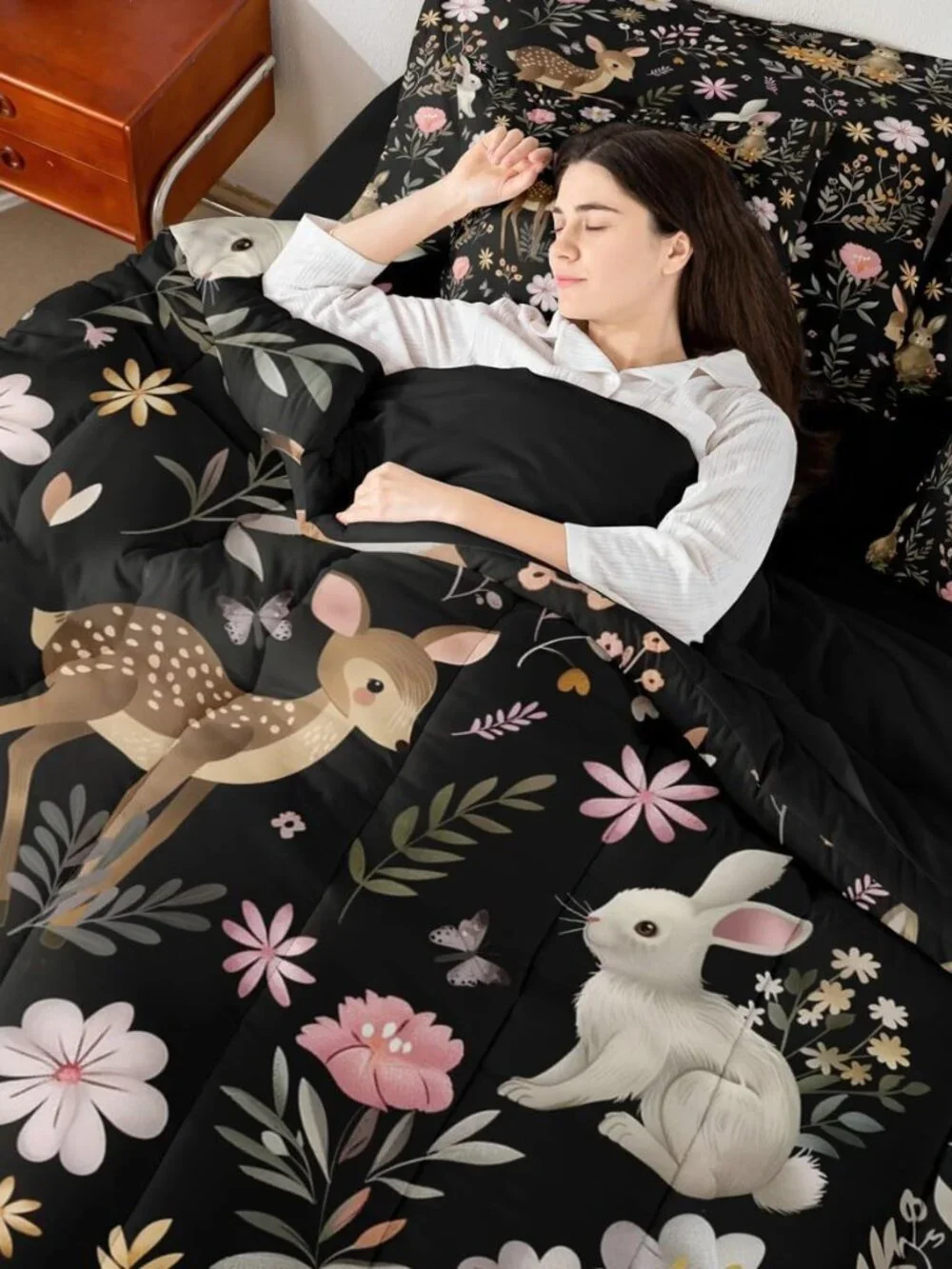Cute Deer and Rabbit 7 Piece Bedding Set Floral Flower Comforter Set with Sheets